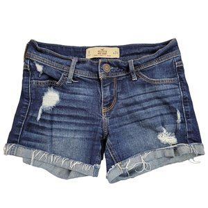 Hollister Midi Short Denim Jean Size 0 / 24 Distressed Roll Cuff Dark Wash Denim